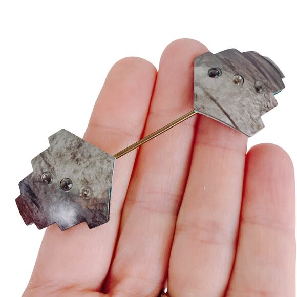 Vintage 80s Art Deco Revival Rhinestone Collar Pin Bar Brooch Geometric Jewelry - Picture 3 of 12